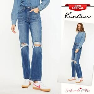KanCan Ultra High Rise 90's Distressed Knee Medium Wash Boyfriend Denim Jeans